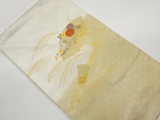 Nagoya obi with embroidery of gold-colored fan and flower-leaf pattern